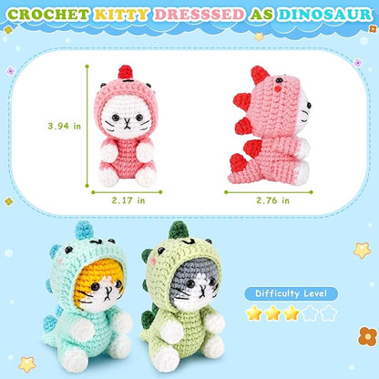 Crochet Kit for Beginners - 3 PCS Dinosaur Cat Crochet Kits with Step-by-Step Video Tutorials, Beginner Crochet Kit for Adults, Crochet Animal Kit for Starters, Cat Dressed as Dinosaur Crochet Set