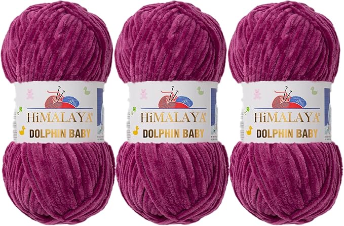 3 Skein/Pack Himalaya Dolphin Baby Chenille Yarn, Each Ball 100 gr (3.5 oz), 120 m (132 Yards), 100% Polyester, Super Bulky Baby Blanket Velvet Amigurumi Yarn, 80338 - Plum