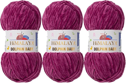 3 Skein/Pack Himalaya Dolphin Baby Chenille Yarn, Each Ball 100 gr (3.5 oz), 120 m (132 Yards), 100% Polyester, Super Bulky Baby Blanket Velvet Amigurumi Yarn, 80338 - Plum