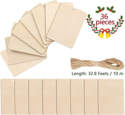 36 Pcs Unfinished Wood Pieces 2.5 x 3.5 Inches Rectangle Square Rustic Blank Wooden Tags with Holes Light Wooden Cutouts with 32.8 Feet Rope for DIY Holiday Valentine Hanging Decorations