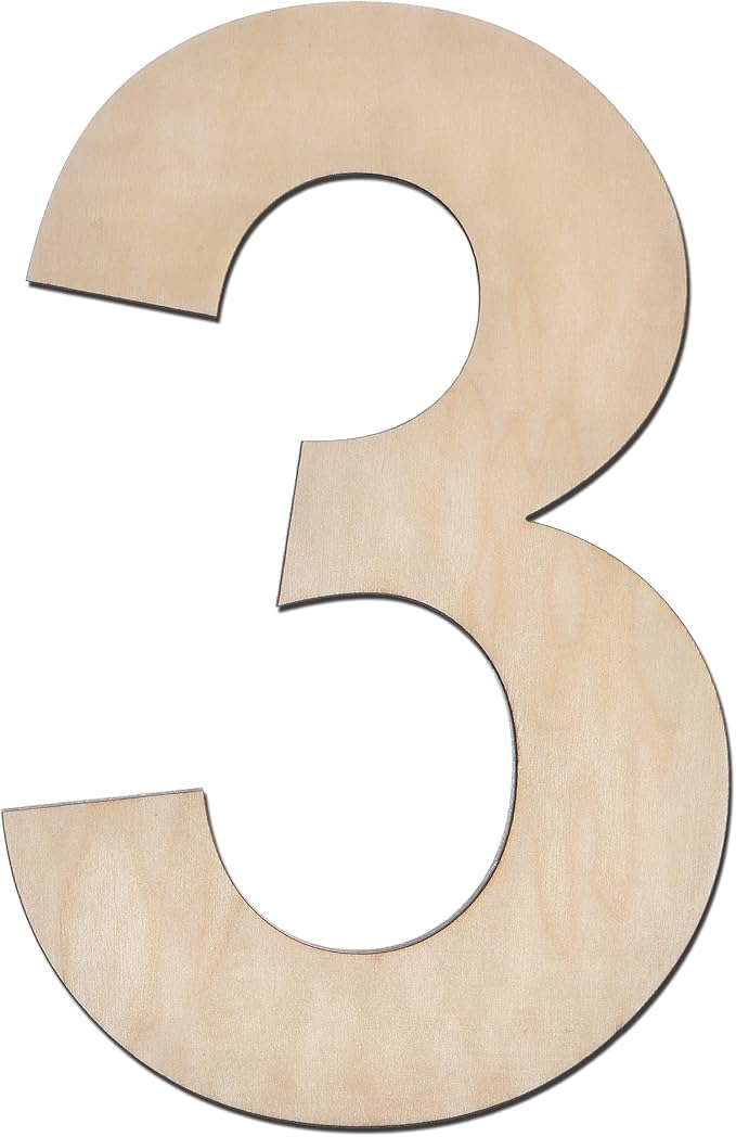 12 Inch Wooden Number 3, 1/4 Inch Thick Large Unfinished Wood Number for Home Wall Decor, DIY Crafts