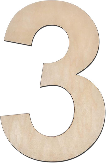 12 Inch Wooden Number 3, 1/4 Inch Thick Large Unfinished Wood Number for Home Wall Decor, DIY Crafts