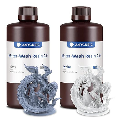 ANYCUBIC Water Washable Resin 2.0 Bundle, 3D Printer Resin with Low Viscosity and Fast Printing, 405nm High Precision 3D Resin, 8K Capable LCD DLP 3D Printing (Grey+White, 2kg)