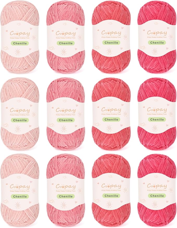 Coopay Skinny Chenille Yarn for Crocheting and Knitting, 12 Pack of 50g/1.76oz-1764yd Total, Soft Velvet Yarn of Baby Weights-Suitable for Baby Blankets, Plush Toys-Super Soft (Dark Pink Gradient)