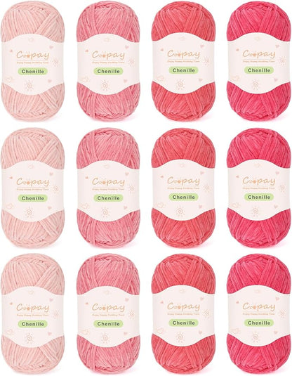 Coopay Skinny Chenille Yarn for Crocheting and Knitting, 12 Pack of 50g/1.76oz-1764yd Total, Soft Velvet Yarn of Baby Weights-Suitable for Baby Blankets, Plush Toys-Super Soft (Dark Pink Gradient)