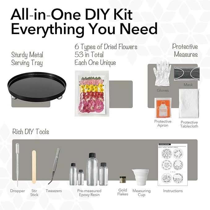 GooCare DIY Decorative Tray Craft Kit for Adult - Create Your Own Real Flower Tray with Epoxy Resin, Metal Tray for Vanity, Perfume, Key, Trinket Organizer, Table Decor (Beige, Basic)