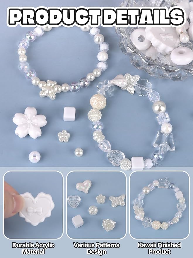 150PCS Acrylic Pastel Beads for Jewelry Making, Kalolary Colorful Bow Butterfly Flower Kawaii Plastic Candy Heart Cute Macaroon Aesthetic Beads for Bracelet Necklace DIY Supplies (White)