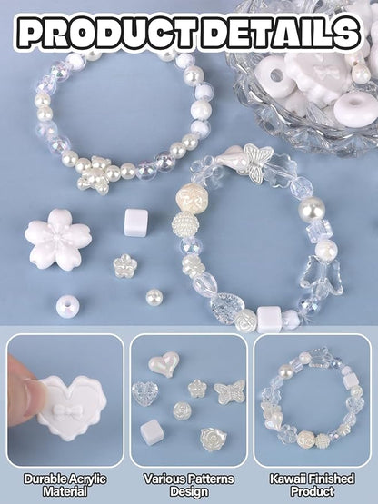 150PCS Acrylic Pastel Beads for Jewelry Making, Kalolary Colorful Bow Butterfly Flower Kawaii Plastic Candy Heart Cute Macaroon Aesthetic Beads for Bracelet Necklace DIY Supplies (White)