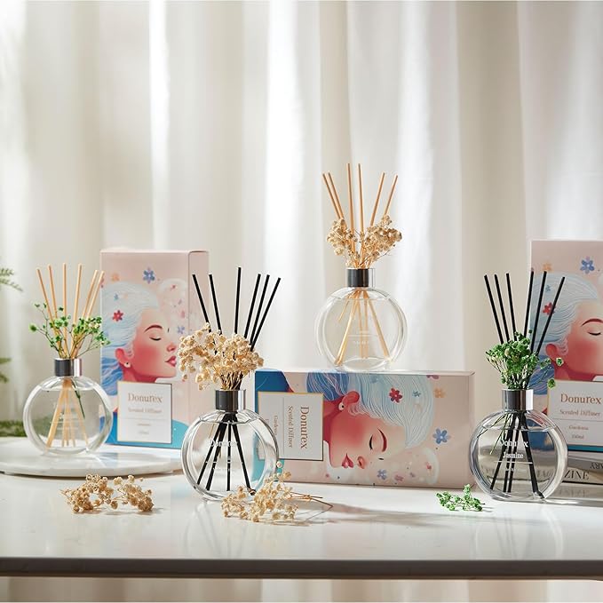 Donurex Flower Reed Diffuser Set 5.07oz Jasmine Scent Diffuser with Sticks Home Fragrance Reed Diffuser for Bathroom Shelf Decor