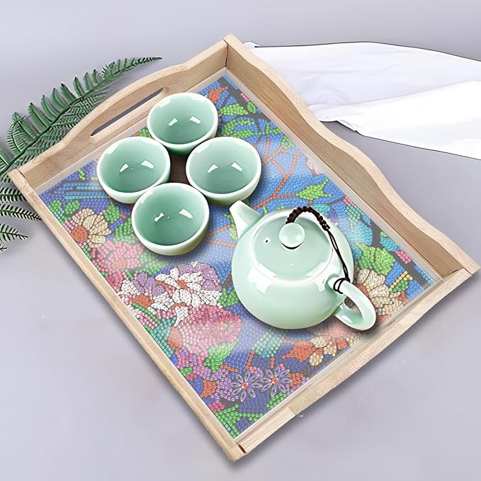 DIY Diamond Art Wooden Tray Kit With Handle, Food Tray for Breakfast, Bar Dinner Table Decoration, Diamond Dots Gem Painting Art Set for Beginners (#02-Birds)