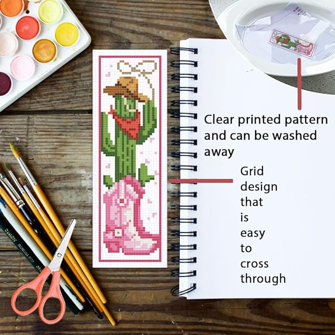 ORIGACH 6 Set Cowboy Cross Stitch Bookmark Kits for Beginner, Western-Style Cowboy Stamped Cross Stitch Kits with Instructions for Adults Bookmarks Lovers