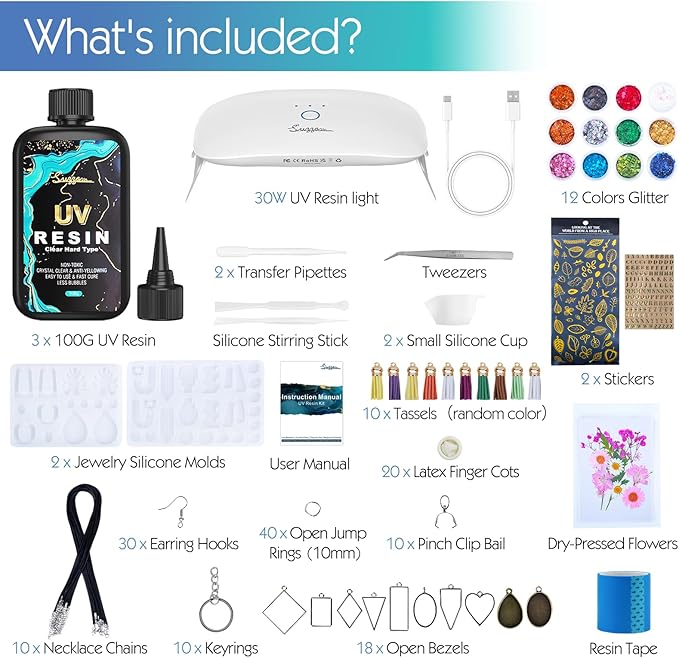 Suzzam UV Resin Jewelry Making Kit, 300g Crystal Clear UV Resin Kit with Molds, 30w & 22 Lamp Beads UV Resin Light Large for Craft Making Earrings, Necklaces, Keychains