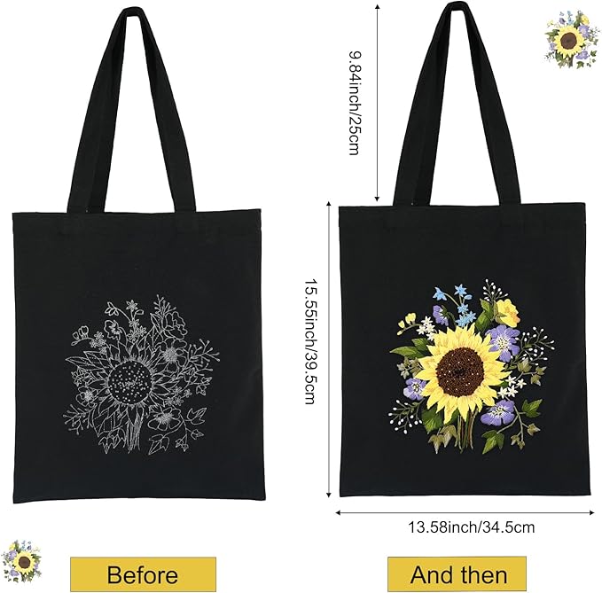 Canvas Tote Bag Embroidery Kit with Sunflower Pattern, Embroidery Kits for Beginners Adults, Arts and DIY Crafts Embroidery Starter kit, Include Stamped Embroidery Bag, Color Threads, Embroidery Tools