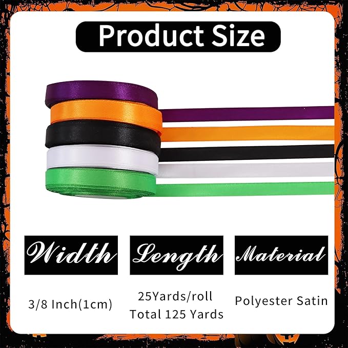 TONIFUL 5 Rolls Halloween Satin Ribbon - 3/8 Inch x 25 Yards Ribbon Set for Spooky Crafts, Costume Decor, Gift Wrapping,Bows Making, Home & Party Decoration (Purple, Orange, White, Black, Lime Green)