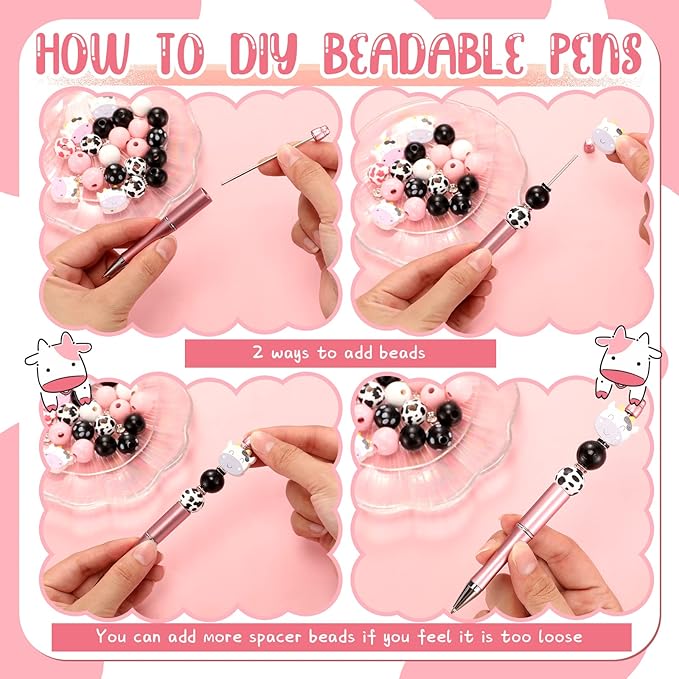 Geyee 12 Set Plastic Beadable Pens Assorted Bead Pens Crystal Wood Round Spacer Set Black Ink DIY Ballpoint for Women Men Gift Office Supplies(Cow Pattern)
