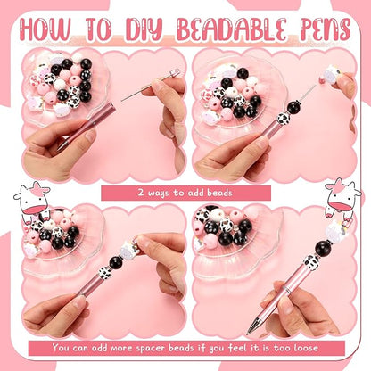 Geyee 12 Set Plastic Beadable Pens Assorted Bead Pens Crystal Wood Round Spacer Set Black Ink DIY Ballpoint for Women Men Gift Office Supplies(Cow Pattern)