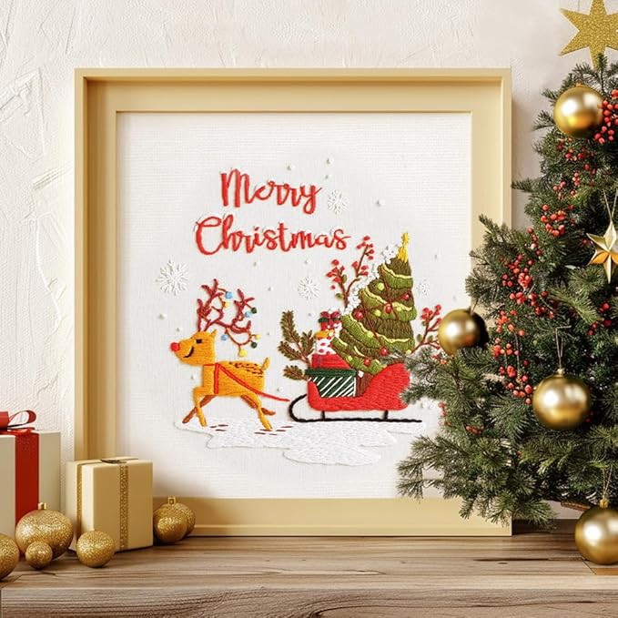Christmas Embroidery Kits: 1 Pack Cross Stitch Kit for Beginners Adults, DIY Ornaments Craft Kit with All Tools & Instructions, Stamped Hand Embroidery Starter Kit for Holiday Crafts & Xmas Home Decor