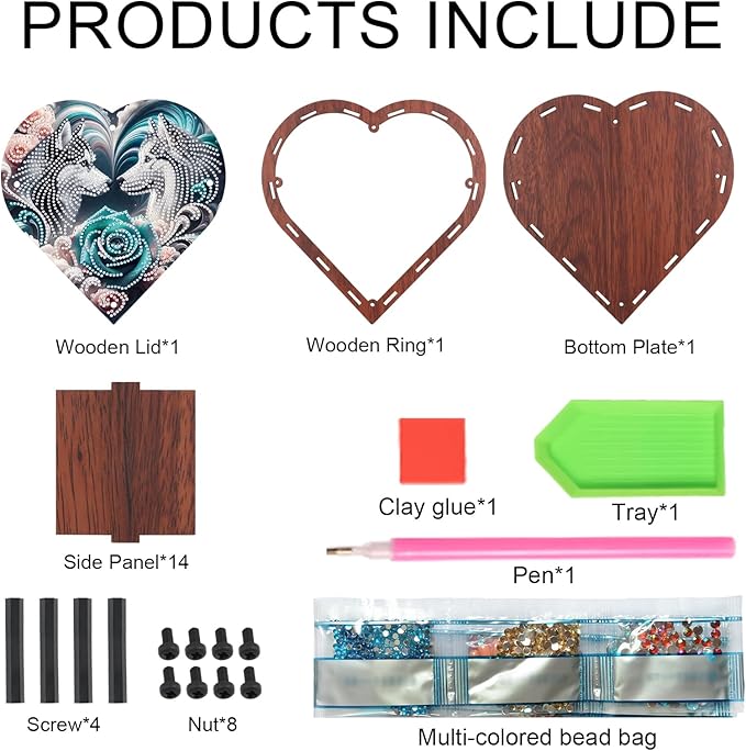 DIY Diamond Painting Kit Storage Box, Rose Wolf Dog Diamond Decorative Craft Heart Shaped Kit, Desktop Item Storage, Multifunctional Creative Craft Gift