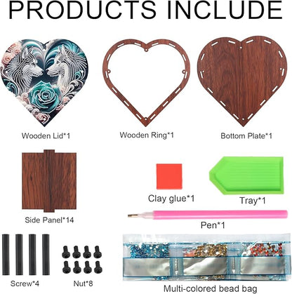 DIY Diamond Painting Kit Storage Box, Rose Wolf Dog Diamond Decorative Craft Heart Shaped Kit, Desktop Item Storage, Multifunctional Creative Craft Gift