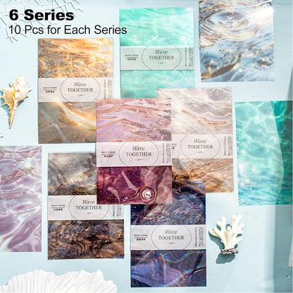 AuriicLeaf Wave PET Scrapbook Stickers Set, 60PCS Ocean Ephemera for Scrapbooking, Junk Journaling, Crafting, DIY Projects, Diaries, and Art Supplies