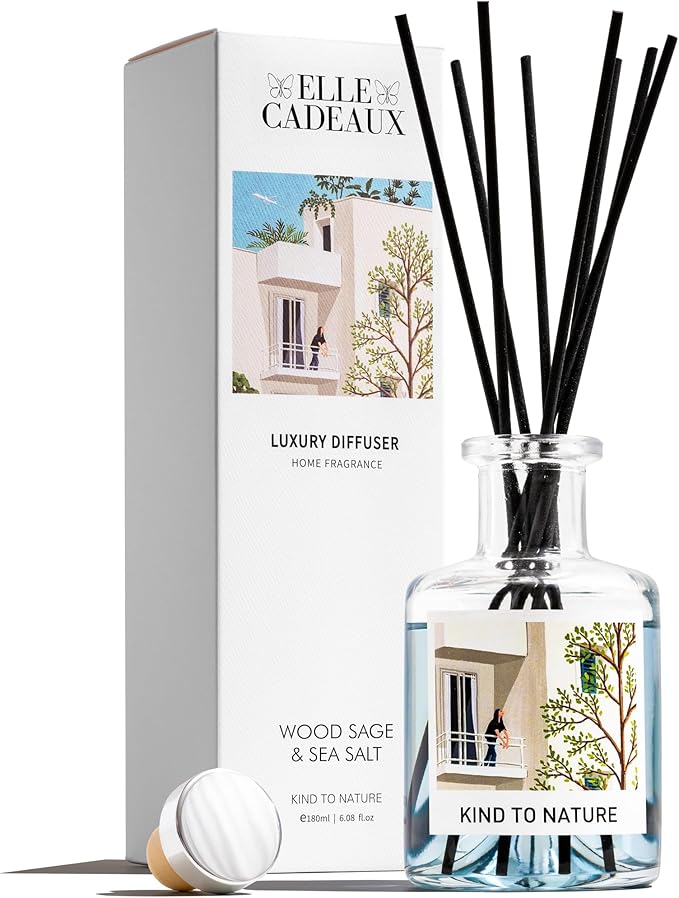 Elle Cadeaux - Wood Sage & Sea Salt Oil Reed Diffuser | Long Lasting Home Fragrance Essential Oils | Reed Diffusers for Home, Room, & Bathroom | Housewarming Gift | 6oz