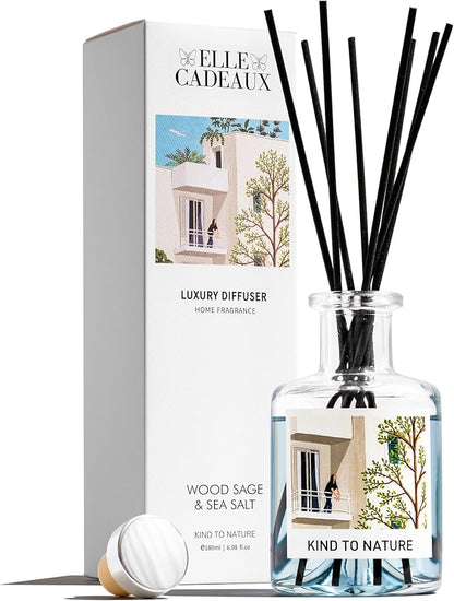Elle Cadeaux - Wood Sage & Sea Salt Oil Reed Diffuser | Long Lasting Home Fragrance Essential Oils | Reed Diffusers for Home, Room, & Bathroom | Housewarming Gift | 6oz