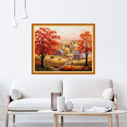 DMCVIVR Stamped Cross Stitch Kits for Beginners Adults Needlepoint Kits for Beginners Embroidery Kits for Adults Crossstitch Kit for Beginners 11CT-Autumn Scenery 16x20 inchs