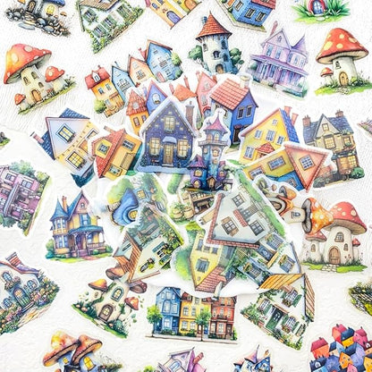 50PCS Fairy Tale Cottage Stickers – Waterproof Clear Stickers of Whimsical Fantasy Houses, Mushroom Homes & Vintage Storybook Buildings for Scrapbooking, Journaling, Art Crafts,Water Bottle, Laptop