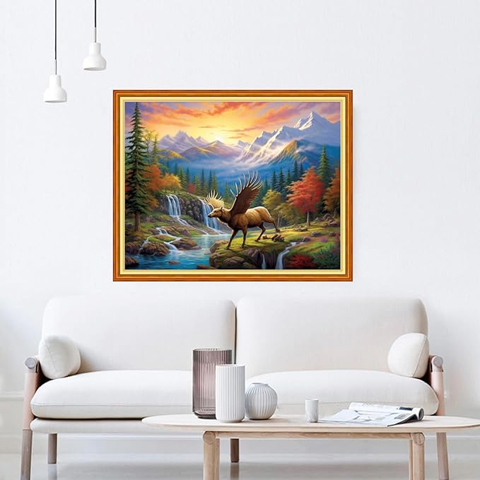 DMCVIVR Stamped Cross Stitch Kits for Beginners Adults Needlepoint Kits for Beginners Embroidery Kits for Adults Crossstitch Kit for Beginners 11CT-Elk Scenery 16x20 inchs
