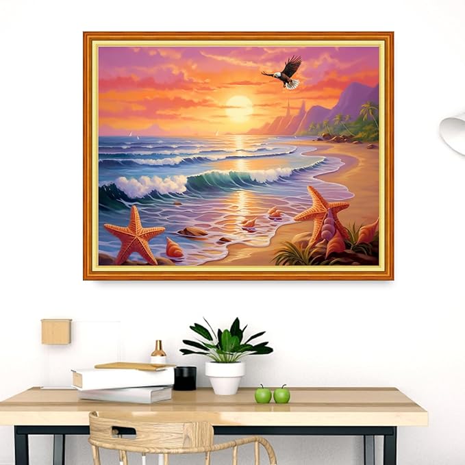 Dimensean Stamped Cross Stitch Kits Full Range of Embroidery Patterns Starter Kits for Beginners Adult DIY Cross Stitches Needlepoint Kits 11CT-Sunrise by The Seaside 16x20 inch