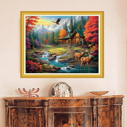 DMCVIVR Stamped Cross Stitch Kits for Beginners Adults Needlepoint Kits for Beginners Embroidery Kits for Adults Crossstitch Kit for Beginners 11CT-Elk Scenery 16x20 inch