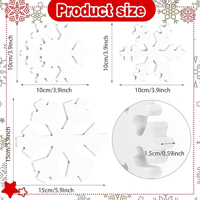 Bucherry 3 Pcs Winter Wooden Snowflake Decor Rustic Winter Snowflake Table Signs Wonderland Wood Blocks Farmhouse Christmas Tiered Tray Decorations for Xmas Table Shelf(White)