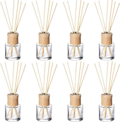 Roshtia 8 Set Reed Diffuser Bottle Empty Refillable Fragrance Glass Diffuser Bottles Set with Wooden Caps Sticks 50ml 1.7 oz Round Glass Jars for DIY Fragrance