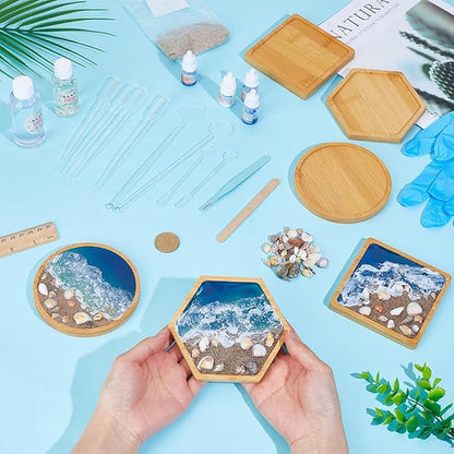 WEBEEDY 3 Sets Resin Bamboo Coaster Resin Complete Set with Trays, Pigment, Seashells & More, DIY Drink Coaster Making Kit for Adults Beginners Office Home Decor Art Clear Craft