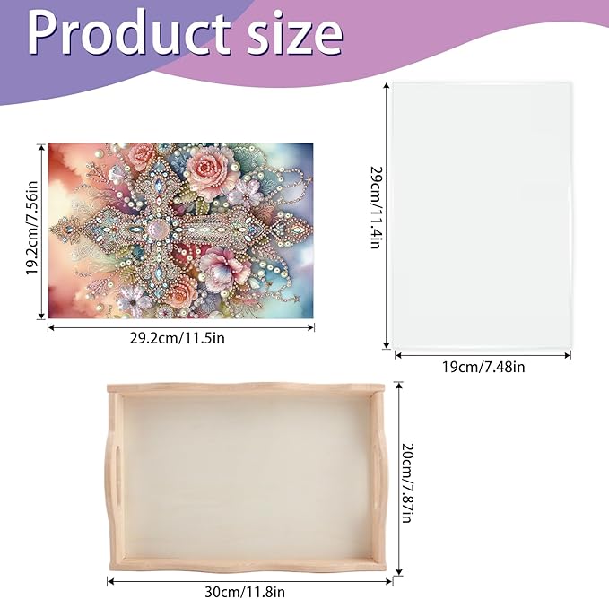 JISHSHAY Diamond Art Serving Tray Diamond Painting Food Tray Gem Art Serving Platter Gem Painting Mosaic Kits for Adults DIY Kits for Adults, with Wood Handle 20×30cm/7.87×11.81in, Cross Flower