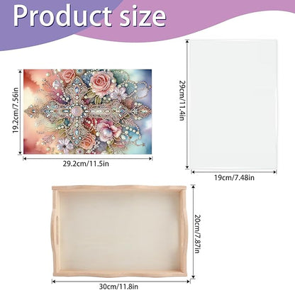 JISHSHAY Diamond Art Serving Tray Diamond Painting Food Tray Gem Art Serving Platter Gem Painting Mosaic Kits for Adults DIY Kits for Adults, with Wood Handle 20×30cm/7.87×11.81in, Cross Flower