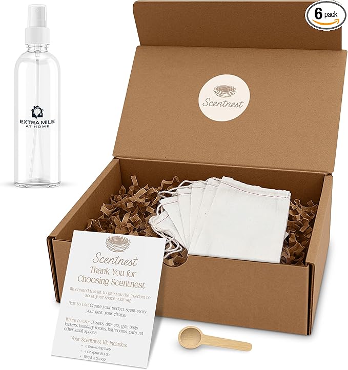 Scentnest DIY Home Fragrance Kit – Small Space Scenting Solution – Includes 6 Drawstring Sachet Bags, 4oz Spray Bottle, Scoop, Insert Card & Stickers – Fill with Beads, Herbs or Essential Oils