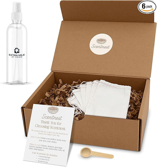 Scentnest DIY Home Fragrance Kit – Small Space Scenting Solution – Includes 6 Drawstring Sachet Bags, 4oz Spray Bottle, Scoop, Insert Card & Stickers – Fill with Beads, Herbs or Essential Oils