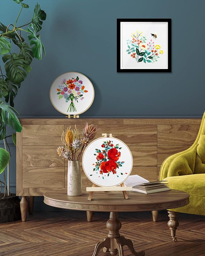 TINDTOP Embroidery Kit for Adult Beginners, Flowers Embroidery Kit for Beginners Include Embroidery Cloth Hoops Threads for Craft Lover Hand Stitch with Embroidery Skill Techniques