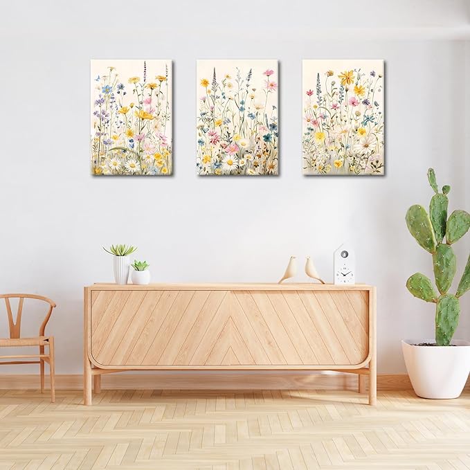 WENGTIAO 3Pcs Framed Colorful Wildflower Canvas Wall Art, Yellow Watercolors Flowers Wall Pictures Floral Canvas Prints Wall Decor Paintings for Living Room Girls Bedroom Ready to Hang 12"x16"x3