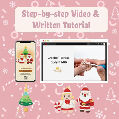 minimal beee Beginner Christmas Crochet Kit - 3-Piece Santa & Mrs. Claus Set, Complete Craft Supplies with Video Tutorials for Christmas Tree Decor.Gift Hobby for Adults