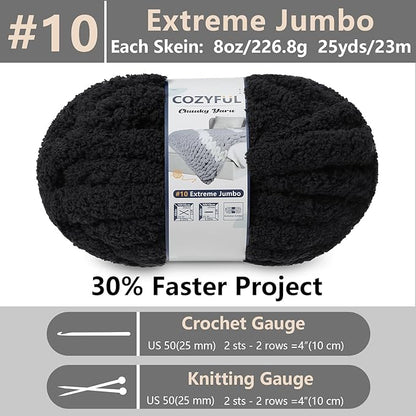 Chunky Yarn for Hand Knitting - #10 Chunky Chenille Yarn, Jumbo Big Thick Chunky Yarns for Crocheting, Super Bulky Chunky Knit Blanket Yarns, 8 Skein (25 yds 8 oz Each Skein), Black