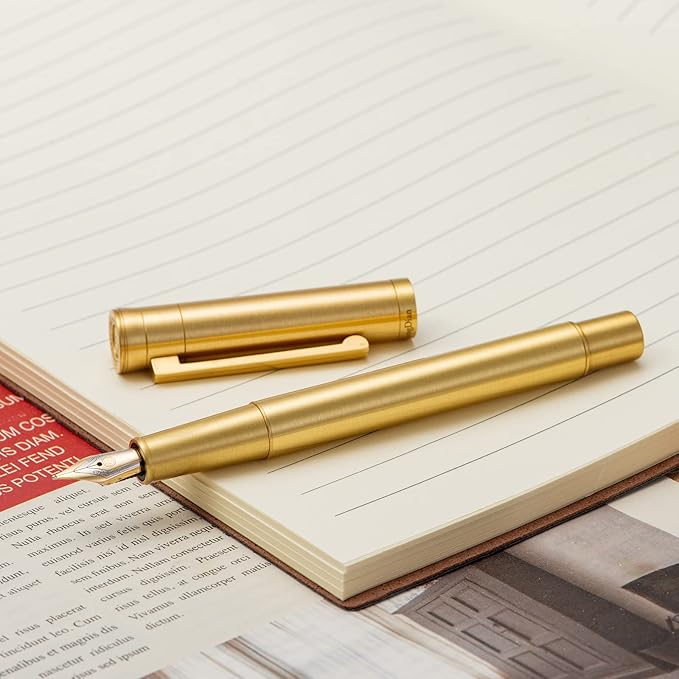 Hongdian Raw Brass Fountain Pen Extra Fine Nib Classic Design Smooth Writing Copper Pen with Converter and Pen Case Set