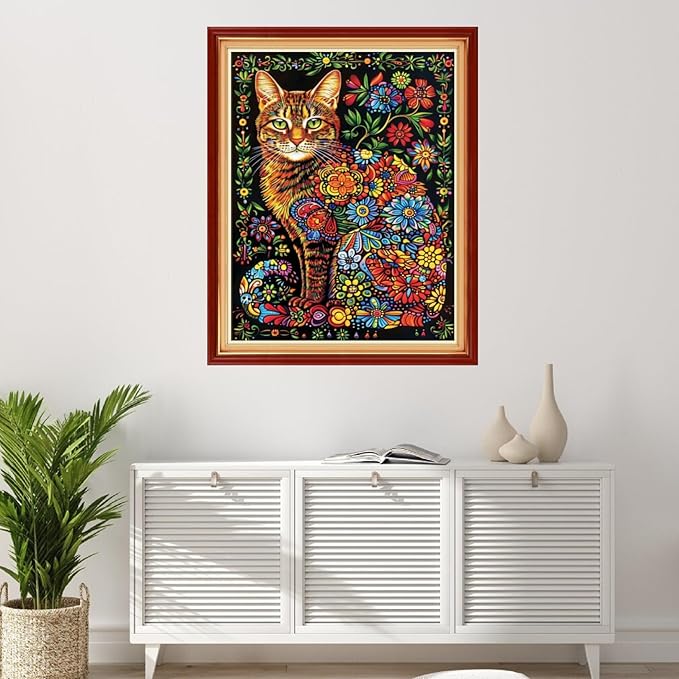 Foxhool Stamped Cross Stitch Kits,11CT Printed Cross Stitch Pattern Full Embroidery Kits for Beginner Needlepoint Kits-Colorful Cat Flowers 16x20 inchs