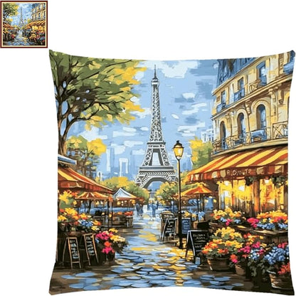 Lovxvouy Pillow Cross Stitch Kits for Adults Beginners-Preprinted Needlepoint Kit Stamped Crossstitching Kits 11CT Cross-Stitch Kit Stitches Kit Embroidery Kits-Street Market Eiffel Tower 18x18 inchs