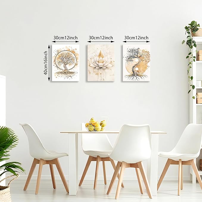 WENGTIAO 3Pcs Tree of Life Canvas Wall Art Prints Zen Lotus Pictures Posters Beige Yin Yang Fall Art Paintings Spiritual Meditation Artwork for Living Room Bedroom Spa Office Home Decor 12x16x3Pcs