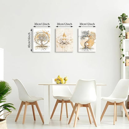 WENGTIAO 3Pcs Tree of Life Canvas Wall Art Prints Zen Lotus Pictures Posters Beige Yin Yang Fall Art Paintings Spiritual Meditation Artwork for Living Room Bedroom Spa Office Home Decor 12x16x3Pcs