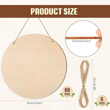Suzile 60 Pcs 12 Inch Wood Rounds for Crafts Unfinished Blank Wooden Circle Signs Discs for DIY Christmas Home Decor Painting Door Hanger