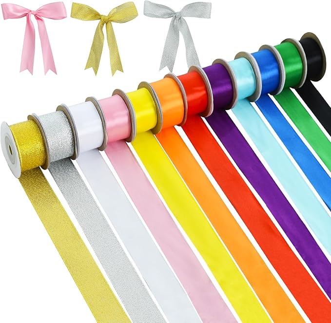 TONIFUL 12 Colors 1 Inch x 60yds Satin Ribbon Rolls Solid Color Fabric Ribbons for Gift Wrapping Invitation Floral Bouquet Hair Bows Craft Party Wedding Birthday Christmas Decoration (5yd/Roll)