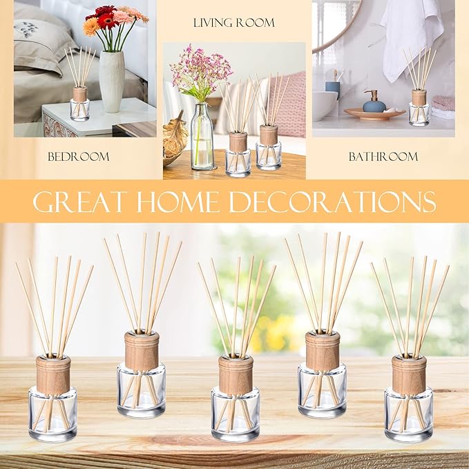 Roshtia 8 Set Reed Diffuser Bottle Empty Refillable Fragrance Glass Diffuser Bottles Set with Wooden Caps Sticks 50ml 1.7 oz Round Glass Jars for DIY Fragrance